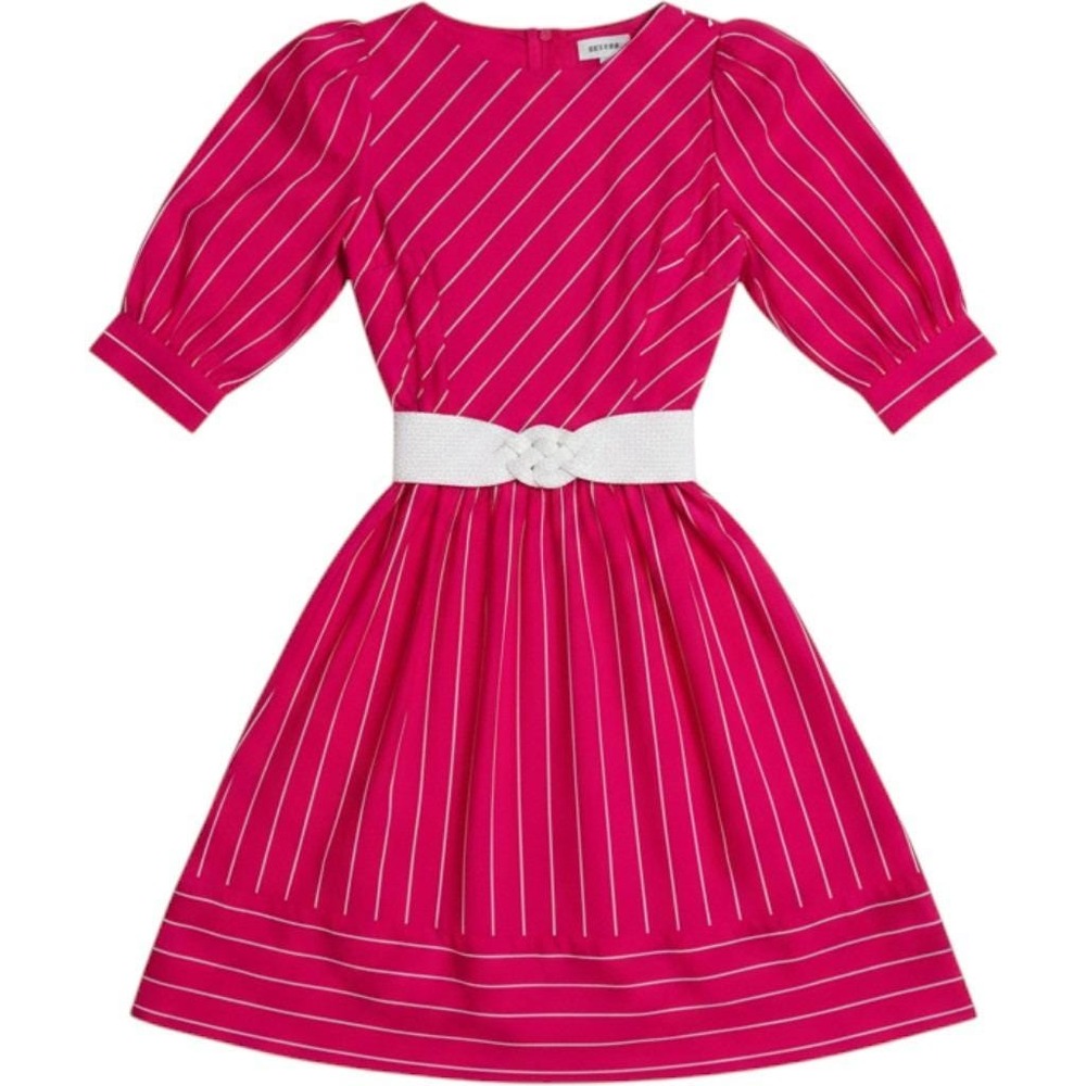 Hot Pink LGWU Midi Dress Womens Classic Union Made Pinstripe Puff Sleeve 80s USA - Picture 3 of 8